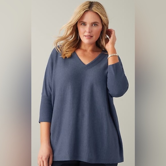 Pure Jill Oversized V-Neck Sweater, Blue, Drop Shoulder, 3/4 Length Sleeves, L - Picture 1 of 11